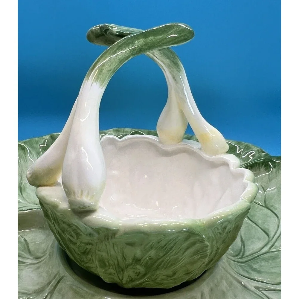 Vintage Fitz 1982 & Floyd Ironstone Cabbage Leaf spring onion Chip & Dip Set ff
